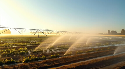 Agricultural irrigation system, Automated agriculture system with Large irrigation sprinklers spraying water over in potato field. Generative Ai