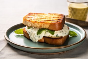 grilled fish sandwich with tartar sauce on a ceramic plate