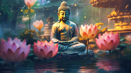 Glowing Lotus flowers and gold buddha statue in nature. Generative Ai