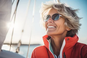 Foto auf Acrylglas Portrait of a smiling woman in sunglasses standing on the deck of a sailing boat © igolaizola
