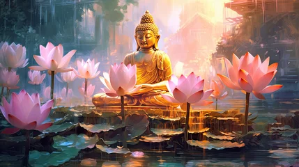 Fotobehang Glowing Lotus flowers and gold buddha statue in nature. Generative Ai © tong2530