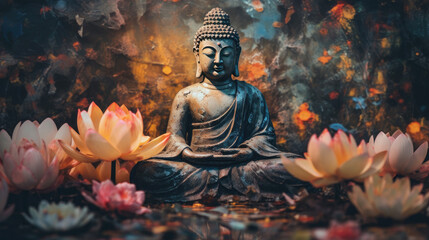 Glowing Lotus flowers and gold buddha statue in nature. Generative Ai - obrazy, fototapety, plakaty