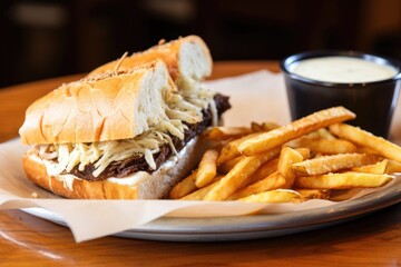 a freshly cooked french dip sandwich with a side of horseradish sauce