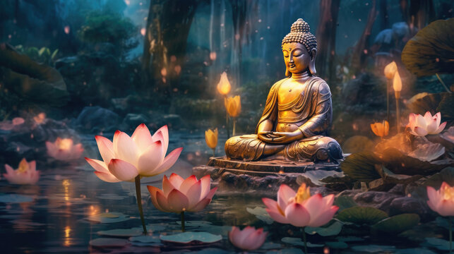 Glowing Lotus flowers and gold buddha statue in nature. Generative Ai