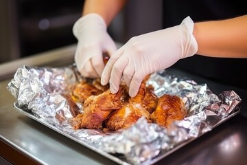 Obraz na płótnie Canvas hand wrapping fried chicken pieces in foil for takeaway