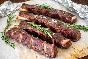 Fototapeta premium grilled lamb ribs with herbs like rosemary and rounds of garlic on parchment paper