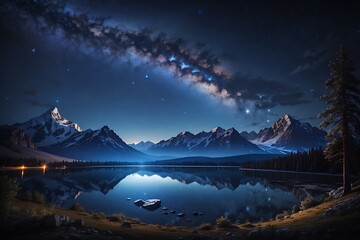 Dark landscape, trees, starry night, stars, andromeda galaxy in the sky, mountains in the distance, lake