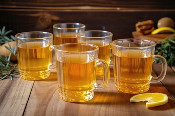 multiple hot toddy glasses lined up on a wooden surface