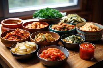 wide shot of diverse kimchi varieties displayed on a wooden table