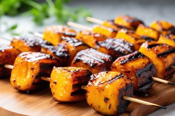 mango bbq grilled plantains on a skewer - obrazy, fototapety, plakaty