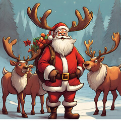 santa claus with reindeer in art style