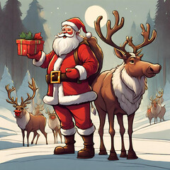 santa claus with reindeer in art style