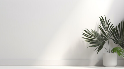 Minimalistic light background with blurred foliage shadow on a white wall. Beautiful background for presentation with a smooth floor. Generative Ai