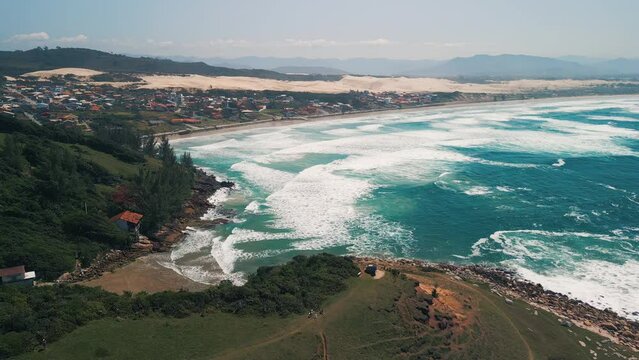 Aerial view of the Brazilian coastline with rough Atlantic Ocean