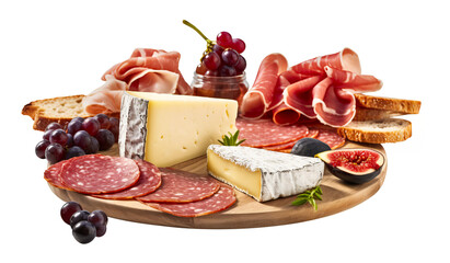 Italian appetizer Charcuterie Board served on wooden board platter, cut out on transparent background