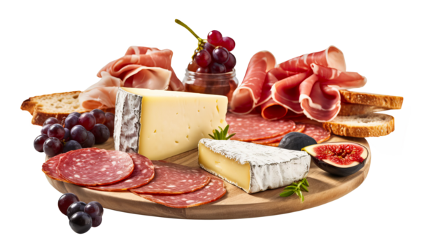 Italian appetizer Charcuterie Board served on wooden board platter, cut out on transparent background