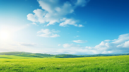 The beautiful panoramic natural landscape of a green field with grass against a blue sky with sun. Spring summer blurred background. Green field and blue sky. Generative Ai