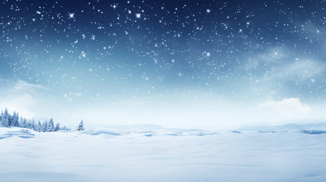 Beautiful ultrawide background image of light snowfall falling over snowdrifts. Snow-covered trees. Generative Ai