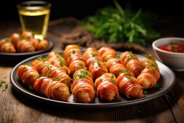 a plate of cold pigs in blankets on a wooden table