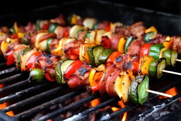 grilled brussels sprouts with bacon on skewers