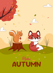 Hand drawn style Autumn background Vector design with two animal icons