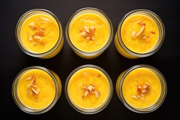 a top view of mango pudding with fresh mango chunks
