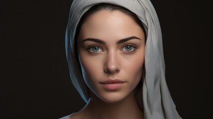 A close up of young beautiful muslim woman with hijab. Muslim beauty skin care concept.