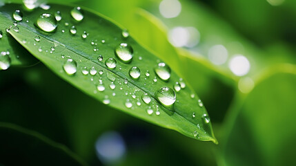 Beautiful water drops after rain on green leaf in sunlight, macro. Generative Ai