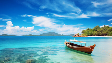 Boat in turquoise ocean water against blue sky with white clouds and tropical. Boat on the sea. Generative Ai