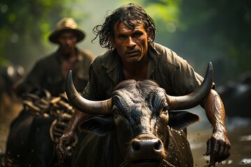 A farmer guiding a team of powerful black oxen. - obrazy, fototapety, plakaty