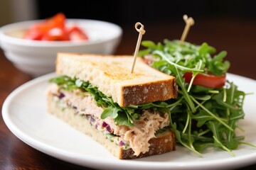 tuna mayo sandwich with mixed microgreen salad at side