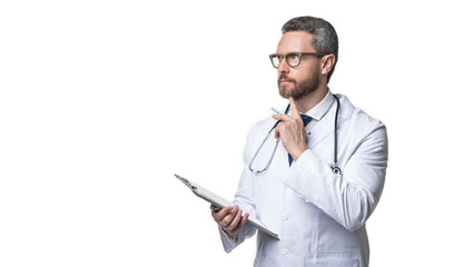 thoughtful internist with prescription on background. photo of internist with prescription. - obrazy, fototapety, plakaty
