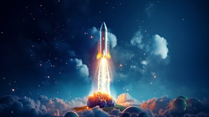 Blast off to the final frontier: spaceship launches into the night sky on a daring mission - obrazy, fototapety, plakaty