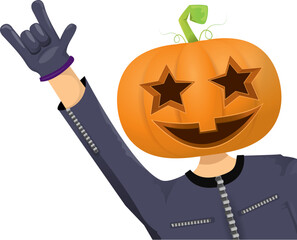 Man in halloween costume with pumpkin mask isolated on white background. Happy Halloween rock n roll party background and poster design template with funny Halloween cartoon character.