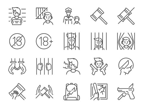 Juvenile crime icon set. It included delinquent, justice, law, crime, and more icons. Editable Vector Stroke.