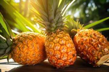 close-up of juicy pineapples under sunlit palm leaves