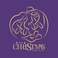 Merry christmas and happy new year - Gold yellow drawing line the nativity with mary and joseph in a manger with baby Jesus on purple background vector design