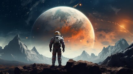 Spaceman and planet in space: a human exploration concept of the outer world - obrazy, fototapety, plakaty