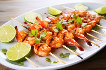 skewered shrimp coated with a glaze of chili and lime
