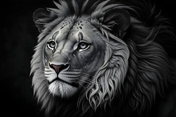  black & white lion portrait isolate on black background