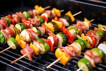 close-up of skewers with brussels sprouts and bacon before grilling