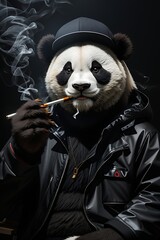panda with a black cap smoking a joint