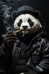 Schilderijen op glas panda with a black cap smoking a joint © LW