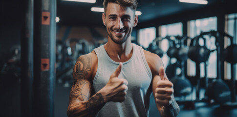 Person giving thumbs up in the gym, gym advertising example illustration, working out, healthy living, healthy body, encourage healthy living, fitness illustration. generative ai