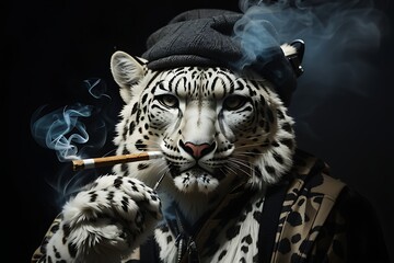 snow leopard with a black cap smoking a joint
