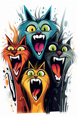 Abstract illustration of funny cartoon cats singing songs and screaming meow