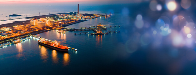 Aerial view oil tanker. oil loading dock of business logistic sea going ship, crude oil tanker lpg...