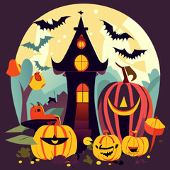 Halloween festival with haunted houses or Dracula's castle, and pumpkins associated with the Halloween festival displayed in front of the castle. Vector