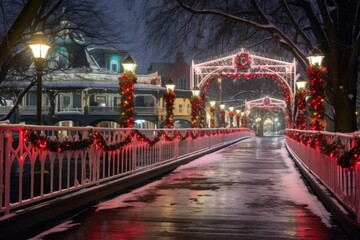 picturesque white footbridge ornate with red and green christmas lights amidst the snow