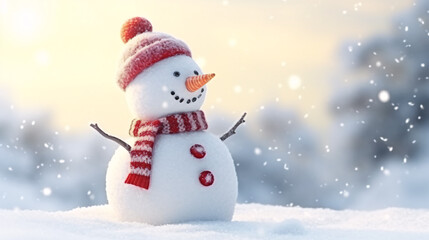 Happy snowman with big smile wearing hat and scarf at snow forest, Christmas and winter background.